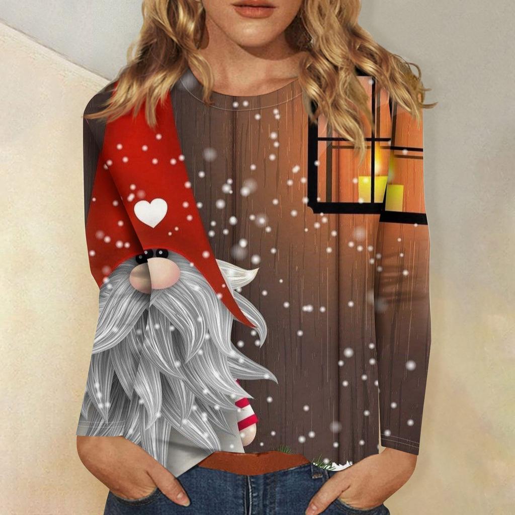 Женская мода повседневная рождественская печать круглый вырез длинный рукав декоративная футболка топ