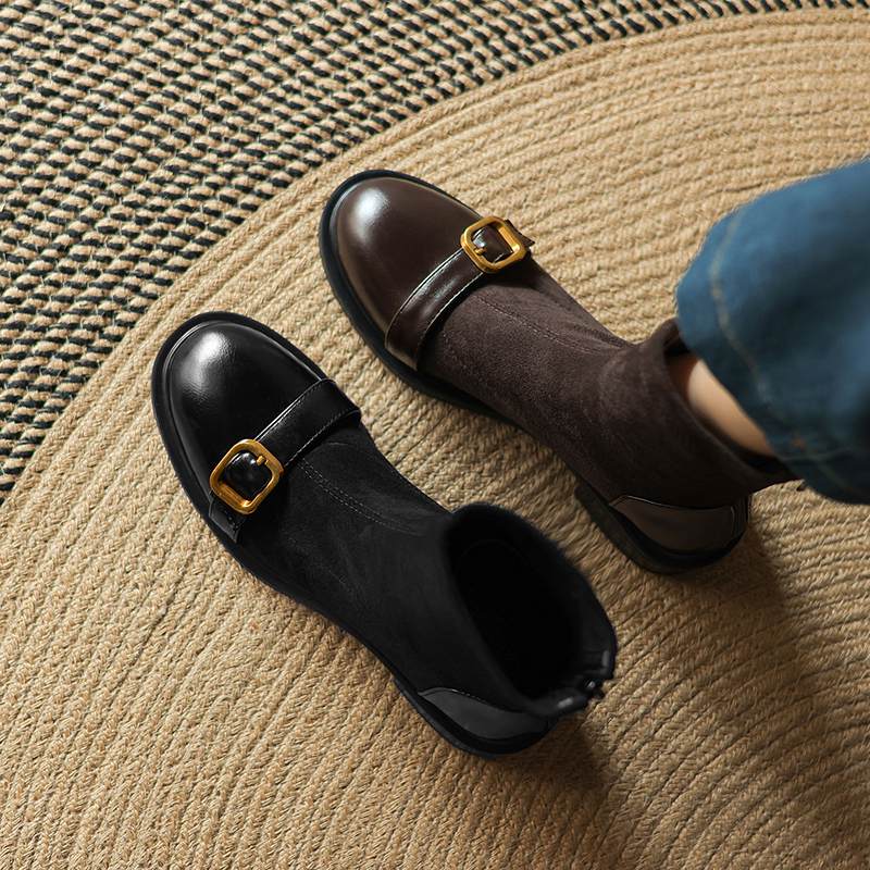 Krazing Po Микрофибра Флок Зима Круглый Носок Размер 33 Ботильоны Челси Размер 43 Молния Металлическая Пряжка Низкий Каблук Ботильоны