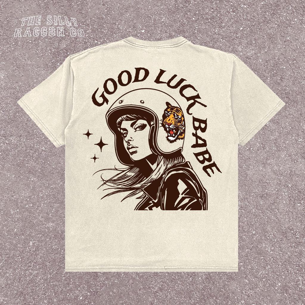 Good Luck Babe Retro Biker Girl T-Shirt - Vintage Motorcycle Rider Graphic Tee - Aesthetic Trendy Tee - Retro Biker Gift