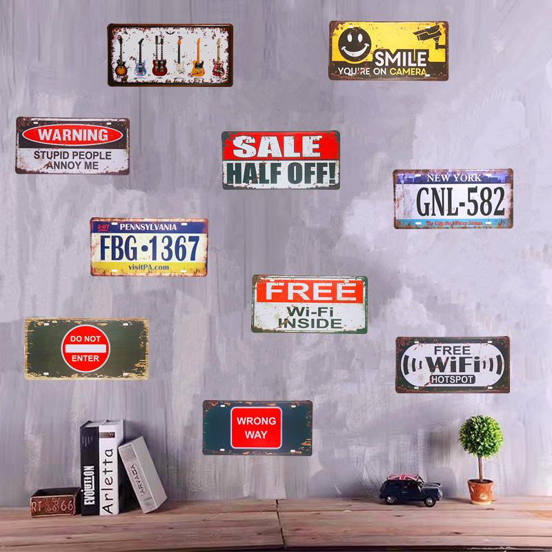Car License Plate Shabby Chic Tin Sign Free Wifi Warnning Poster Beer Ads Plaques Restaurant Cafe Bar Pub Wall Stickers Decor