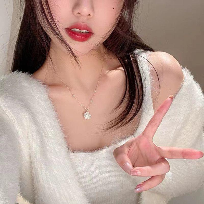 Pearl Gentle Camellia Opening Adjustable Ring Bracelet Necklace Vintage For Women Girl Hand Chain Luxury Jewelry Accessories