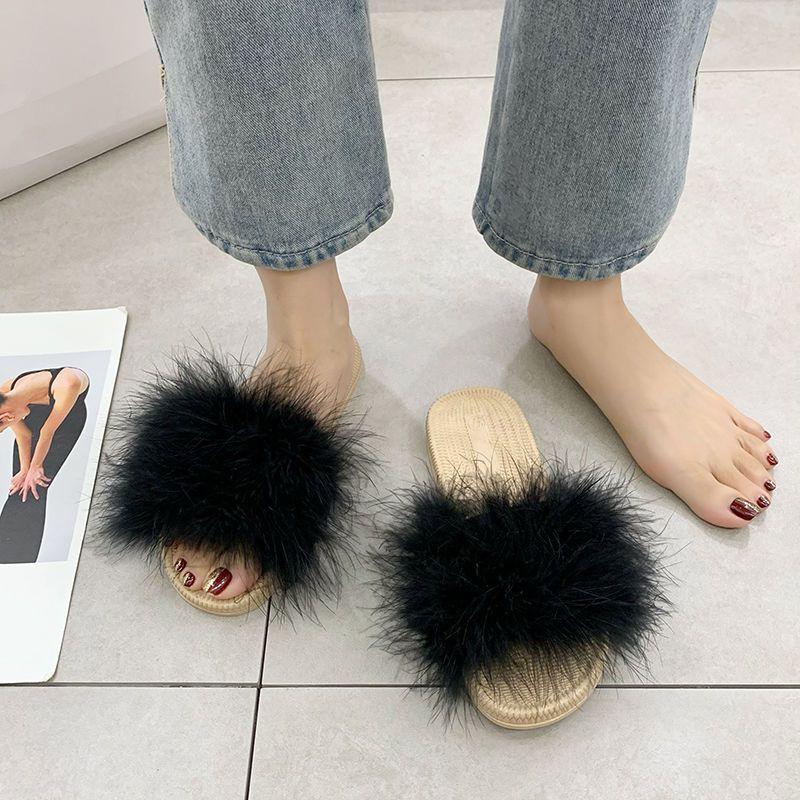 Шлепанцы плоские женские тапочки пушистые сандалии резиновые летние белые туфли для женщин 2024 пушистые детские новые модные уникальные 39