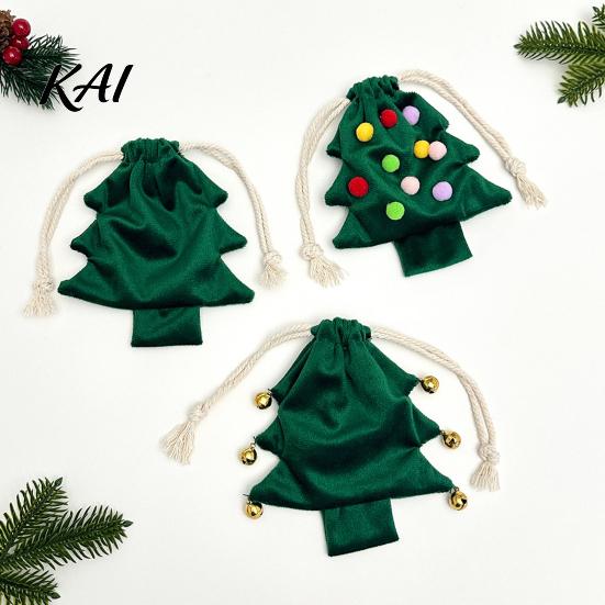 Reusable Fabric Gift Wraps Christmas Tree Shaped Bag, Drawstring Treat Goody Bags with Pompoms Durable Polyester Sacks Bells, Winter Present Wrapping