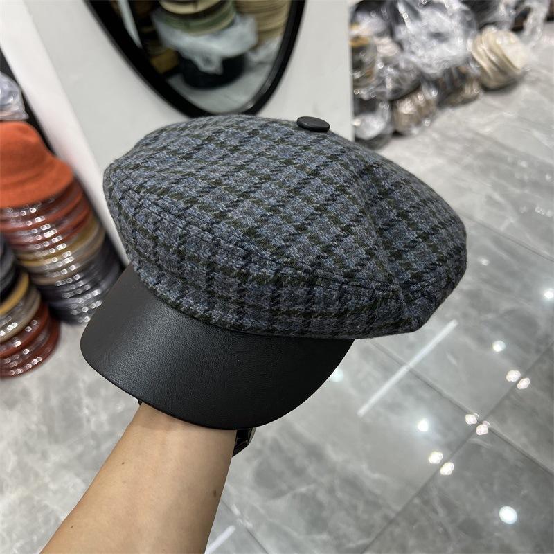 Woolen Herringbone Leather Brim Newsboy Hat Women's Autumn and Winter New British Retro Thermal Celebrity Style Cap