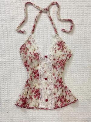 2025 Летняя женская блузка с цветочным принтом и кружевом на шее 2025 Винтажная сексуальная облегающая фея Корейская мода женские топы наряды элегантный стиль