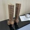 Fashion New Mixed Color Snake Patterned Side Zipper Knee High Boots Autumn Winter European American Fashion Pointed High-heel Long Boots