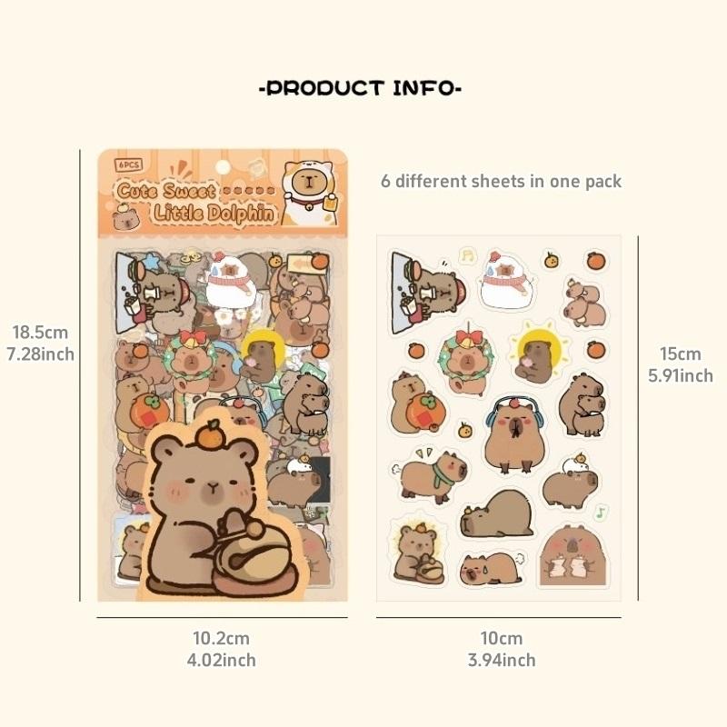 Наклейки Capybara Pack 6 листов мультяшный маленький дельфин PET наклейки для заметок украшение для дневника альбома