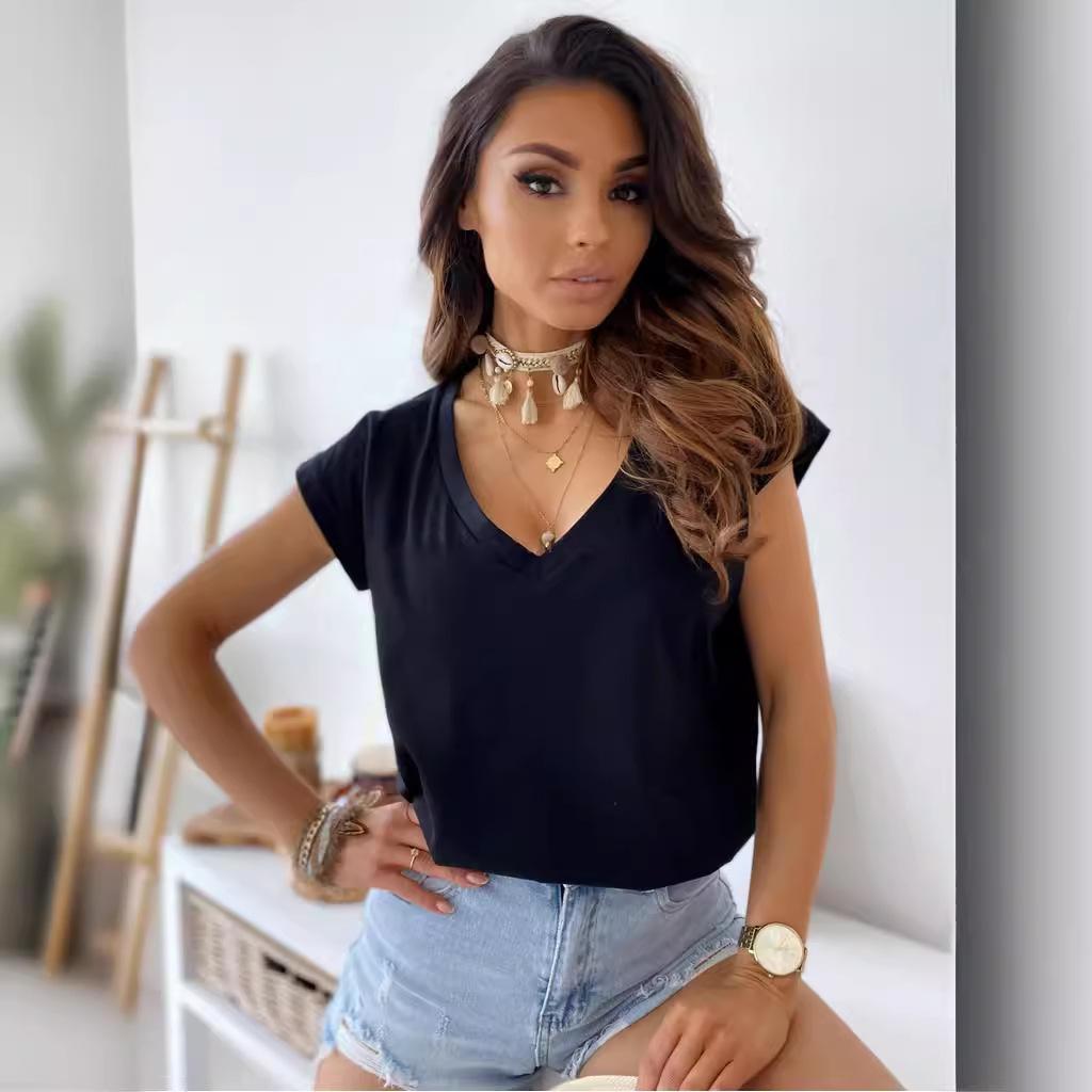 Весенне-летняя однотонная футболка с коротким рукавом и V-образным вырезом, простая женская футболка