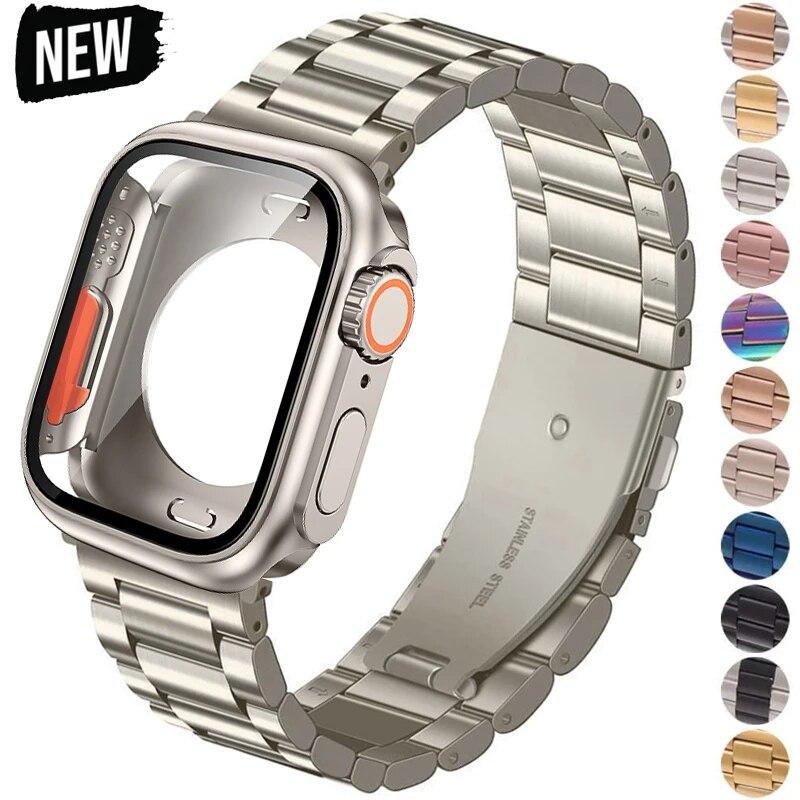 Ремешок+корпус из нержавеющей стали для Apple Watch 44мм 45мм 41мм 40мм Улучшенный ТПУ корпус Iwatch Series 9 8 7 6 SE 5 4 Металлический браслет