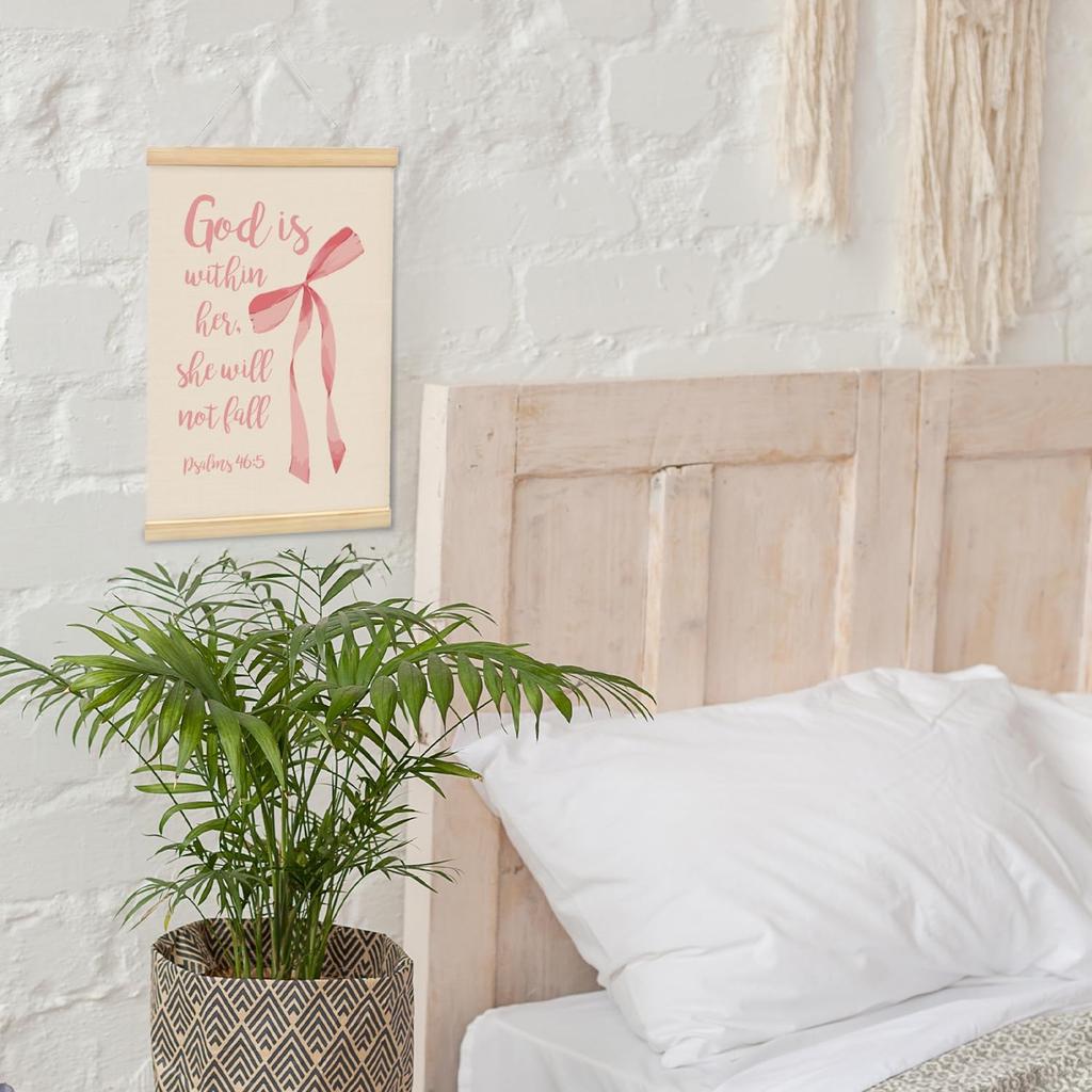 QROZIAR Christian Bible Verse Wall Decor Canvas Posters, God Is Within Her Wall Decor with Wooden Frames, Christian Gifts for Women, Coquette Pink