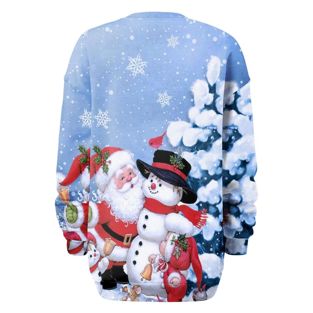Женский повседневный модный рождественский принт с длинным рукавом и круглым вырезом, пуловер, топ