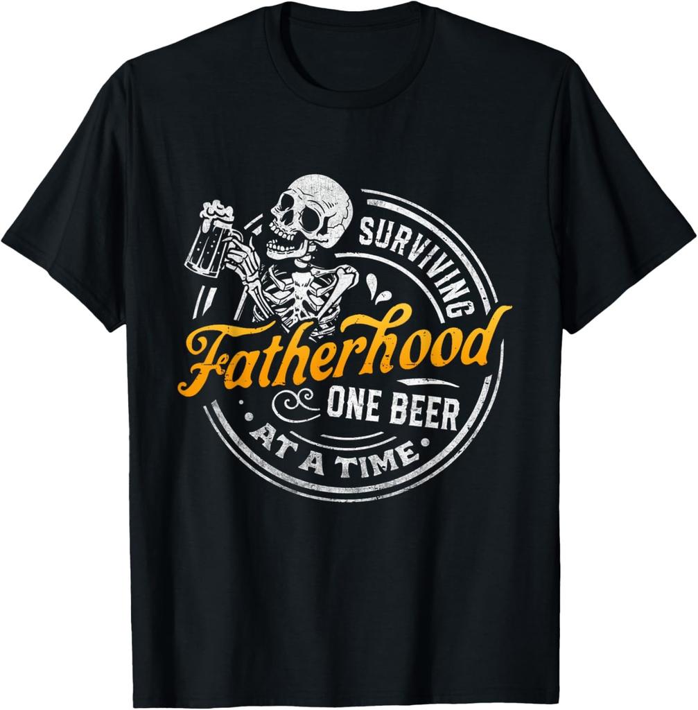 Skull Drinking Surviving Fatherhood One Beer At A Time T-Shirt