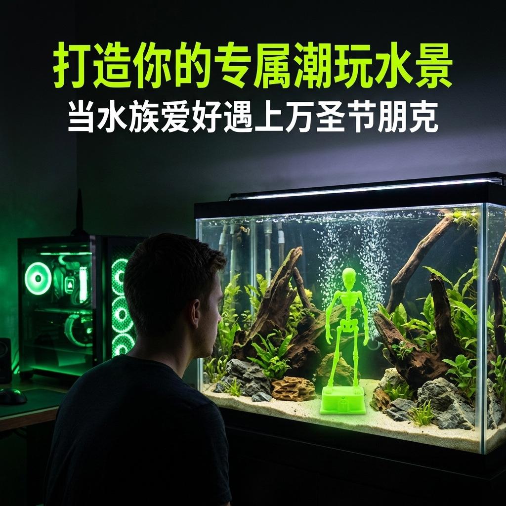 Fish tank dancing skull ornament long luminous blue/suction cup oxygen pipe