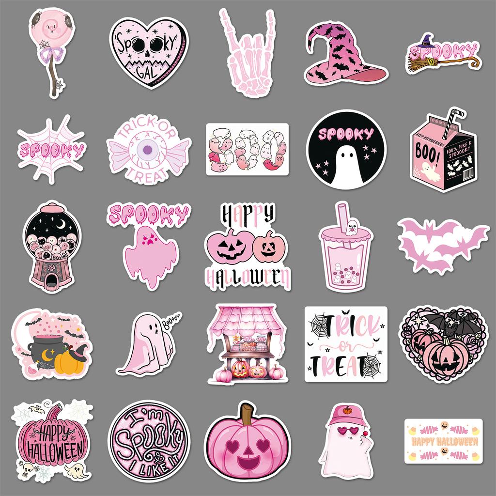 50 Розовых Хэллоуинских Граффити Наклеек Персонализированные Мультяшные Праздничные Украшения Наклейки для Чехла Мобильного Телефона и Водяной Кружки