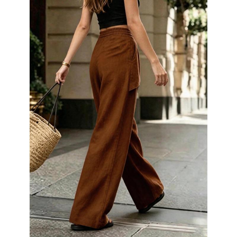 Women Irregular Design Loose Solid Linen Blend Wide Leg Casual Pants
