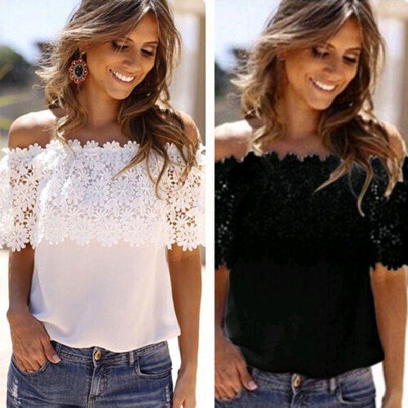 Элегантная женская блузка-футболка с кружевом и вырезами, с короткими рукавами и открытыми плечами, для летних прогулок