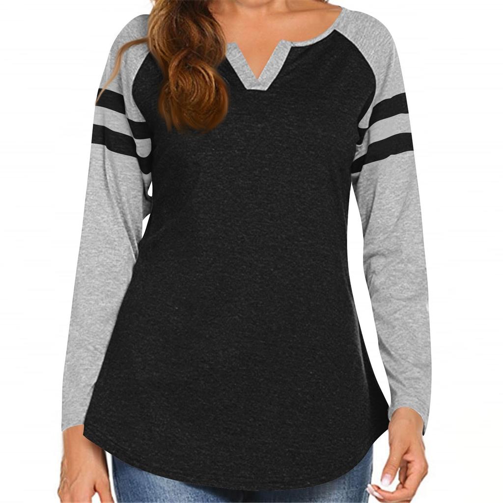 Женская повседневная модная полосатая футболка с длинным рукавом, V-образным вырезом, цветной блок
