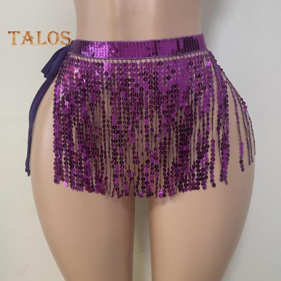 Юбка с пайетками и кисточками, блестящая мини-юбка для танца живота, бахрома, шарф на бедра для рейв-фестиваля, клубная одежда, костюм для выступлений на вечеринке