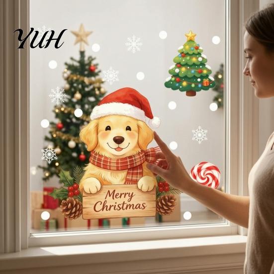 Reusable Glass Surface Decals Christmas Static Window Clings, No?Glue Cute Puppy with Snowflake Easy to Apply Stickers Candy Cane, PVC for Home Shop