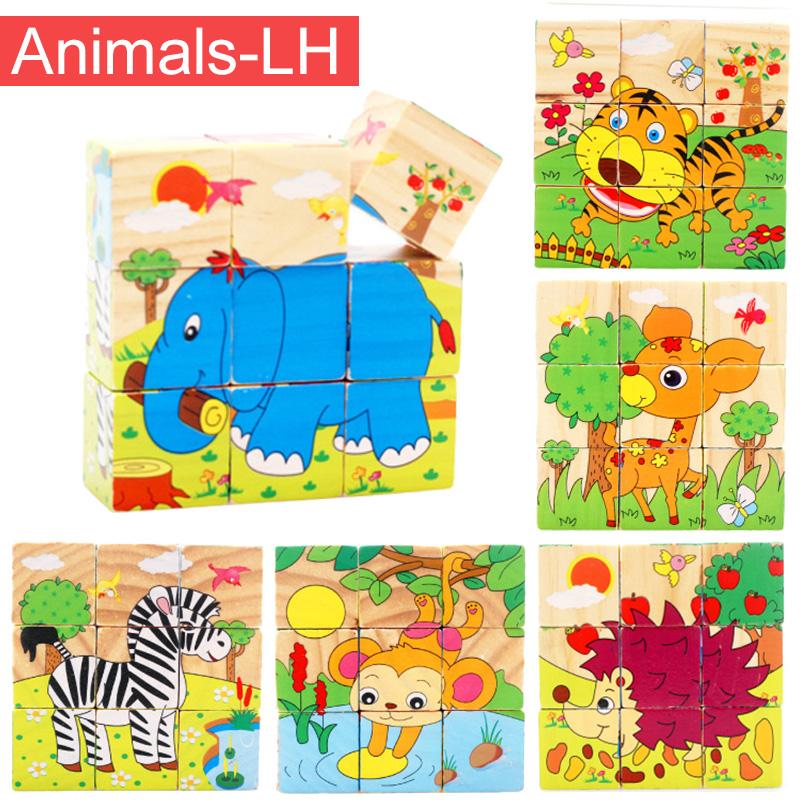 Деревянный пазл Шесть сторон раскрашены Трехмерный Пазл Транспорт Животные Строительные блоки Монтессори Игрушки для раннего развития TMZ