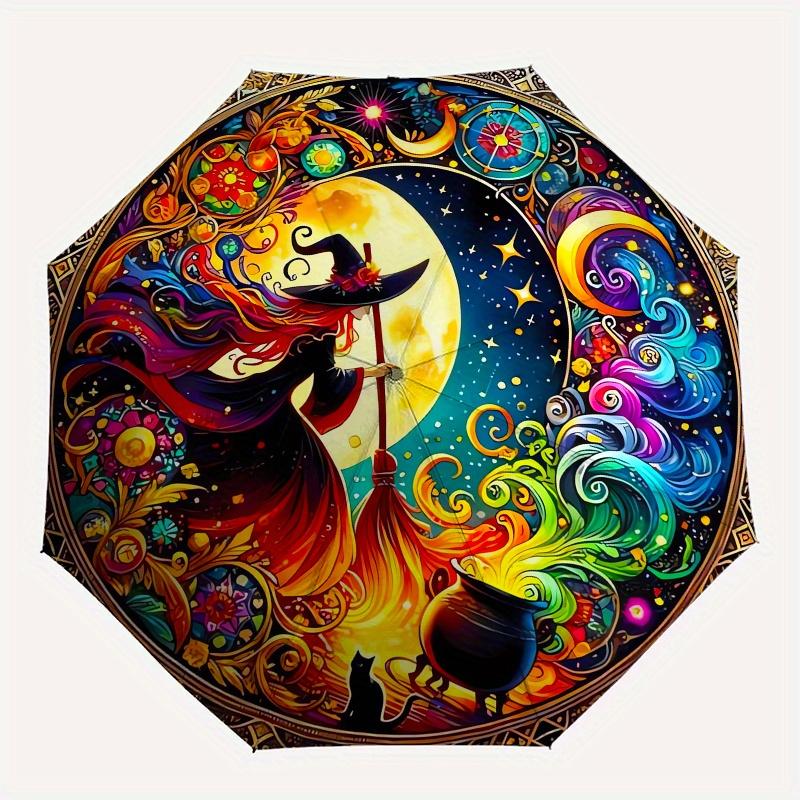 Witchcraft, Moonlit Magic Automatic folding umbrella  simple eight rib design, bright color pattern, durable iron frame, ideal for travel an