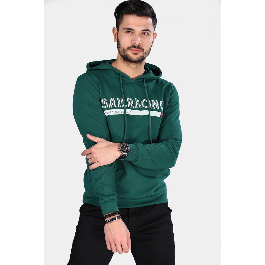 Зеленый мужской свитер с капюшоном и принтом