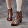 Ethnic Style Winter Warm Short Boots Genuine Leather Thick Heel Soft Sole Retro Printed Women's Shoes