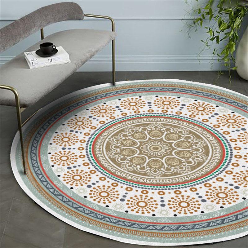 Enthnic Style Round Carpet for Living Room Retro Bohemian Floor Mat Anti Slip Geometric Simple Bedroom Chair Area Rugs 120cm