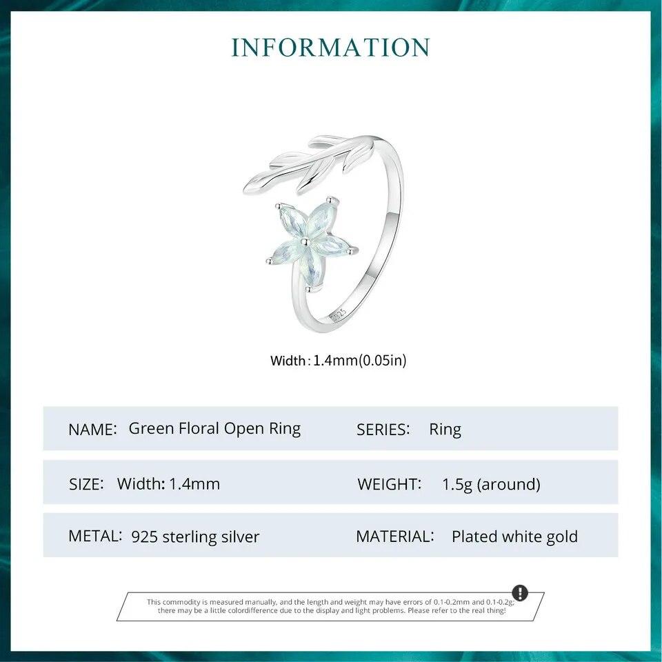 Bamoer 925 Sterling Silver Exquisite Flower Opening Ring Leaf Adjustable Ring for Women Birthday Gift Fine Jewelry