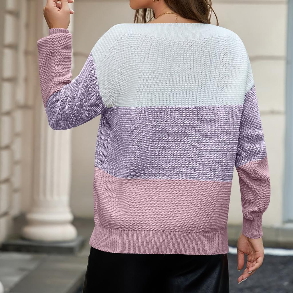 Женский пуловер, легкий вязаный свитер с круглым вырезом и длинным рукавом, цветной блок, с заниженной линией плеч