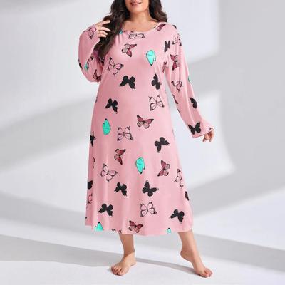 Ночная рубашка больших размеров с принтом бабочек и круглым вырезом, ночная рубашка свободного покроя, домашний наряд для отдыха, с длинными рукавами, длиной до икры, одежда для сна