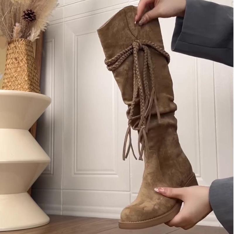Soft Leather Retro Wasteland Fringed Knight Boots Thick Heel But Knee Long Boots Slim Pile Medium Boots Women