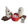 Ghost Campfire Gathering Scene Resin 2 Ghosts with Cat/Dog Making Smores Figurine Flickering LED Bonfire Halloween Night Light