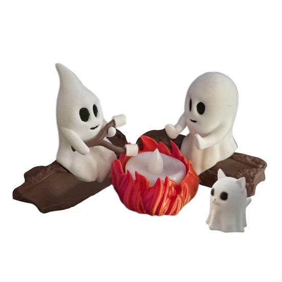 Ghost Campfire Gathering Scene Resin 2 Ghosts with Cat/Dog Making Smores Figurine Flickering LED Bonfire Halloween Night Light