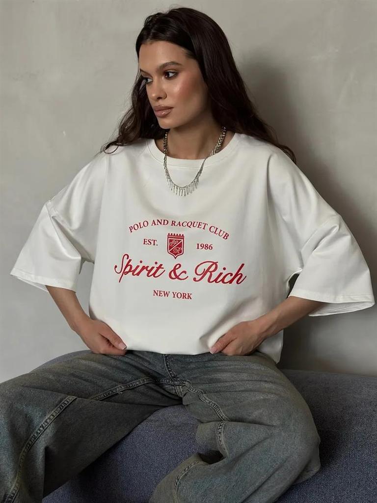 Luxury European and American Mid-Length Printed Summer T-Shirt, 2025 Trendy Short-Sleeve Style