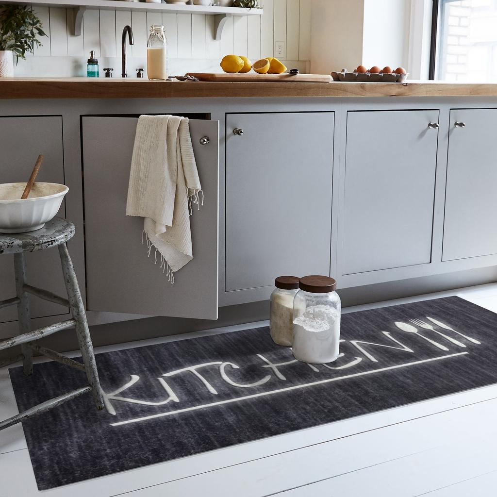 Tapis de cuisine 90x130 cm Polyester Kitchen Noir