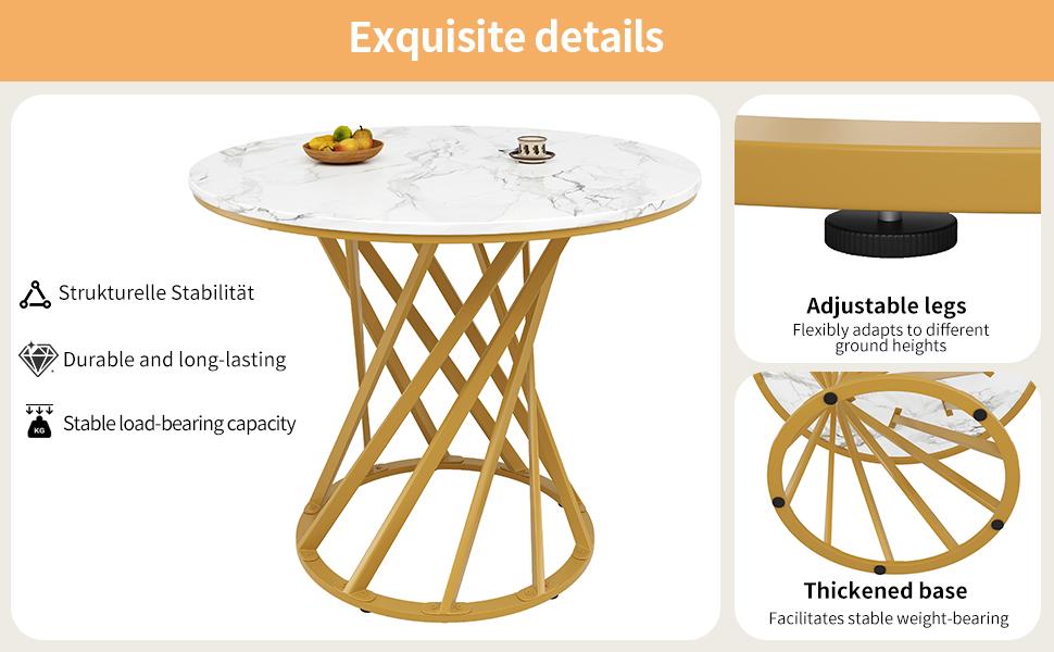 Dining table set (5-piece), round kitchen table with 80 cm diameter and golden metal legs, white MDF tabletop, dark grey velvet dining chairs