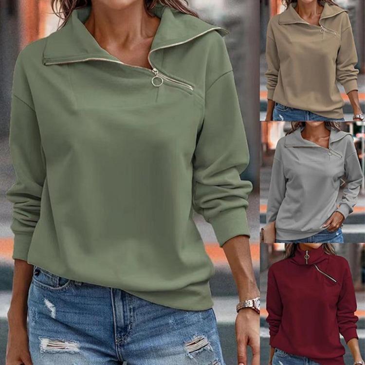 Fashion Loose Sweatshirt Hoodie for Women Autumn Solid Color High Neck Zipper Hooded Top
