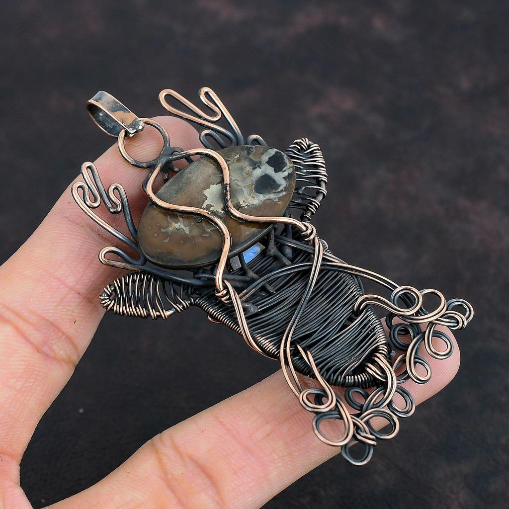 Марокканская глиняная трещина ископаемая подвеска, медная проволока, обернутая в морду оленя, ручная работа, медные украшения, лунный камень, драгоценный камень, подвеска, подарки для матери