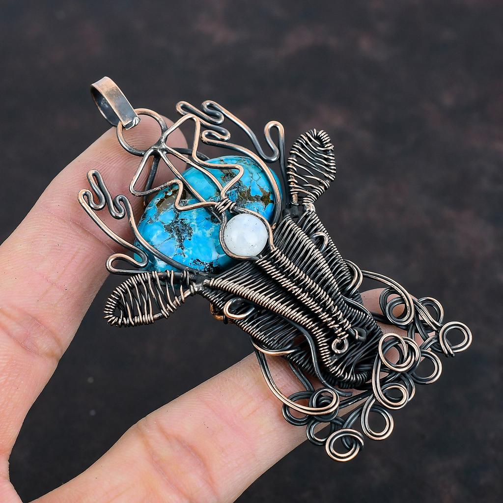 Тибетская бирюза, медный кулон, проволочная обертка, драгоценный камень, кулон ручной работы, кулон в виде оленьей морды, кулон из лунного камня, медные украшения для подарков