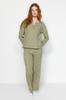 Women's Fashion New Pajama Set Green Waffle Tshirt-Pants Knitted Pajama Set