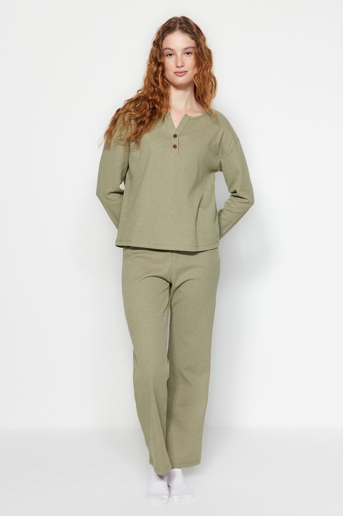 Women's Fashion New Pajama Set Green Waffle Tshirt-Pants Knitted Pajama Set
