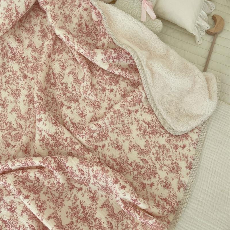 Двусторонний принт Хлопковое одеяло с крючком и фестончатым краем Универсальное двухслойное одеяло Теплое для младенцев и взрослых