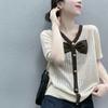 Summer Contrasting Butterfly Knot Knitted Sweater Short Sleeved Women's V-neck Hollow Thin Ice Silk Top