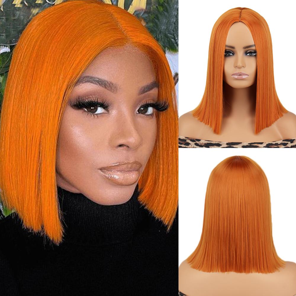 MISS WIG Short Straight Orange Wig With Bangs Synthetic Fiber Wig African American White Female Cosplay/Party/Daily Wig
