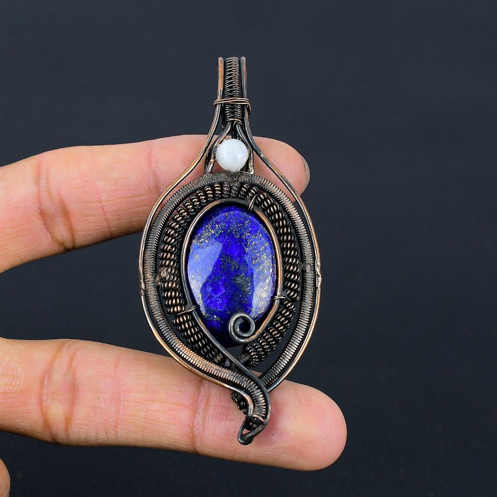 Beautiful Lapis Lazuli, Moonstone Gemstone Pure Copper Wire Wrapped Designer Handmade Pendant Jewelry Gift