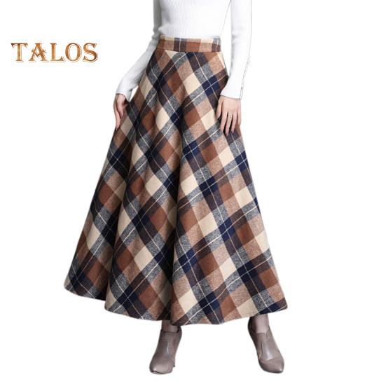 Женская шерстяная юбка с высокой талией и клетчатым принтом, юбка-трапеция, осень-зима, утолщенная юбка с большим подолом, повседневная одежда