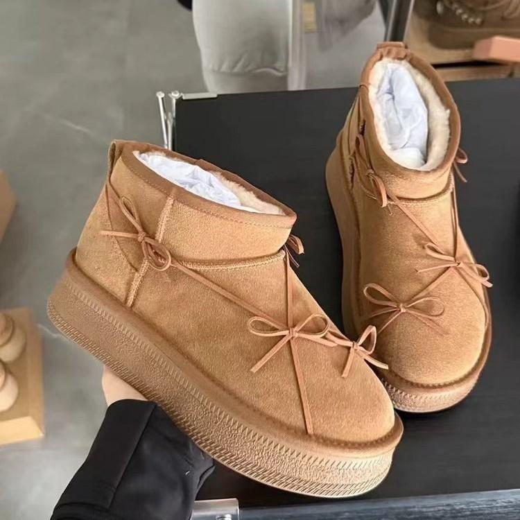 Bow Thick-soled Snow Boots Women's 2025 Winter New Leather Integrated Non-slip Velvet Thickened Warm Short Boots