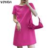 VONDA Женские летние прямые однотонные короткие платья с круглым вырезом и короткими рукавами с разрезом и жемчужными пуговицами