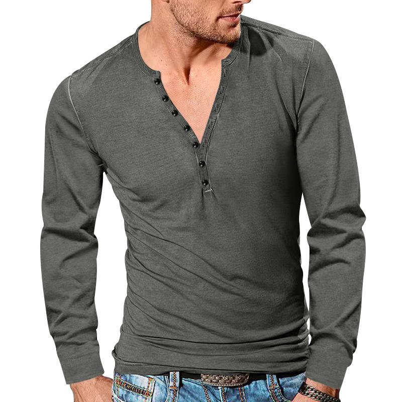 Men's Spring and Autumn Vintage Long-sleeved T-shirt Casual Button V-neck Slim Solid Color T-shirt